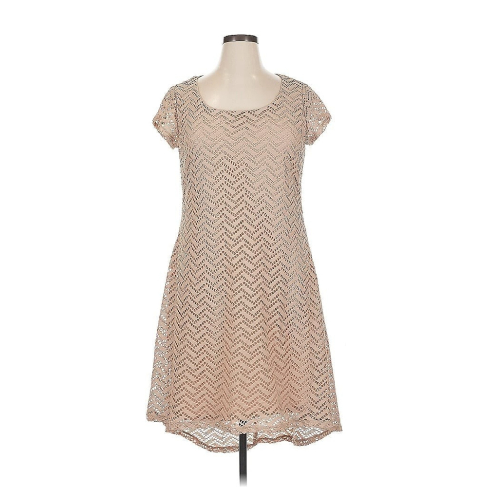 Luxology Sz Large Casual Beige Dress Chevron Herringbone Pattern Midi Hi-Lo
